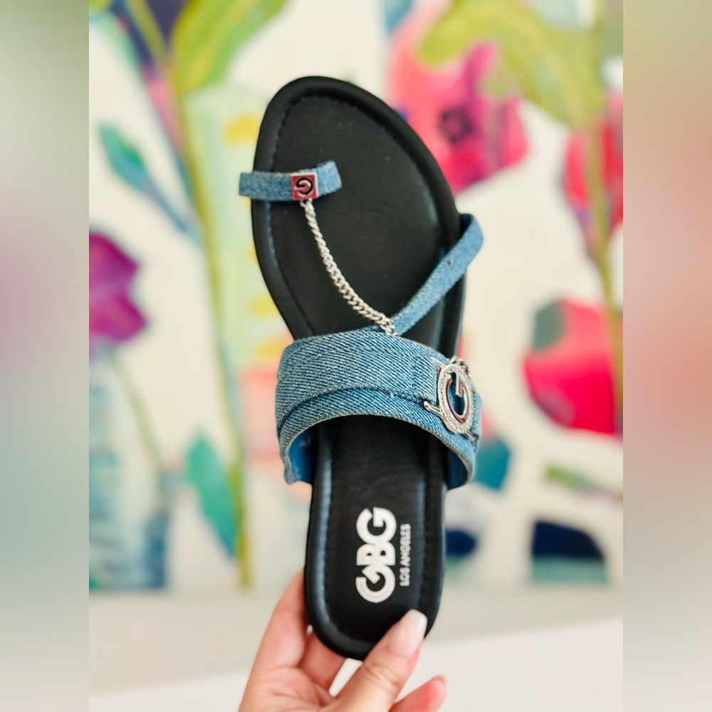 GBG Los Angeles Denim Blue Sandals with Chain Detail